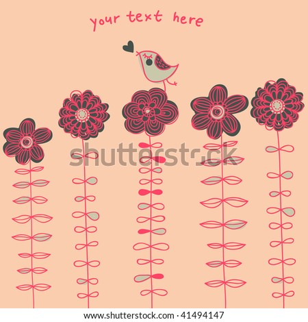 Little bird on cartoon flowers