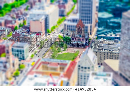Aerial View of Copley Square, one of the main citysights in Boston, USA. Tilt-shift effect applied