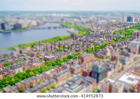 Aerial View of the Back Bay district and Charles River, Boston, USA. Tilt-shift effect applied