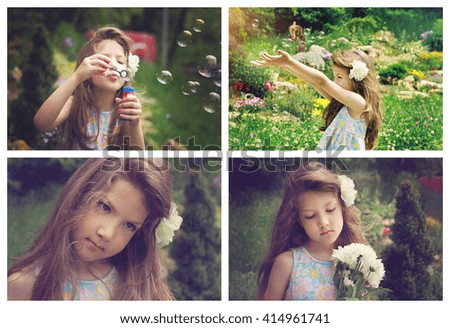 Collage set of vintage pictures of beautiful young girl playing and enjoying in nature