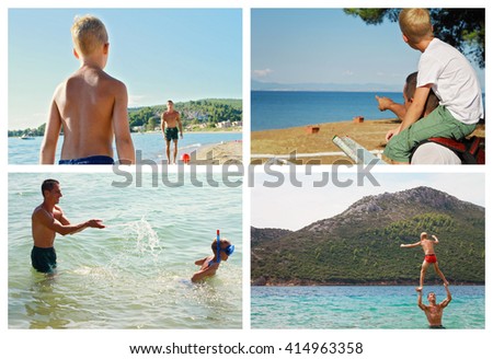 Collage set of pictures of Father and son enjoying traveling and summer holiday vacation. Sport, Family on the beach