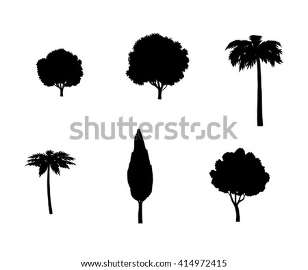 Trees silhouette. Trees set. trees icon. trees illustration. trees banner. trees clip art. Trees sign. Different trees set. Tree isolated on white background. Illustration for Art, Print, Web design.