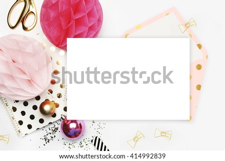 Flat lay. White background. Woman desktop, template card, Mock up for your photo or text Place your work. Gold Polka. 