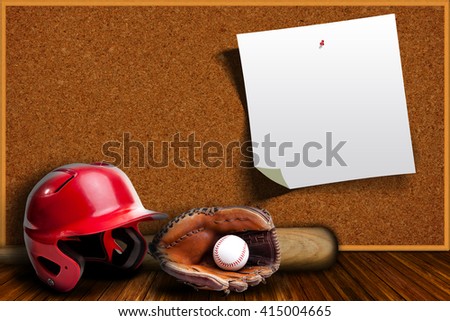 Baseball equipment consisting of glove, helmet, bat and baseball with background cork board with copy space.