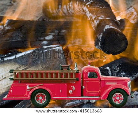 Red Firetruck over a fire and flames background