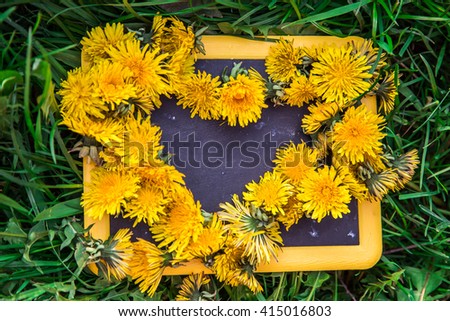 Abstract picture.Natural background. Dandelions heart on blackboard with grass.