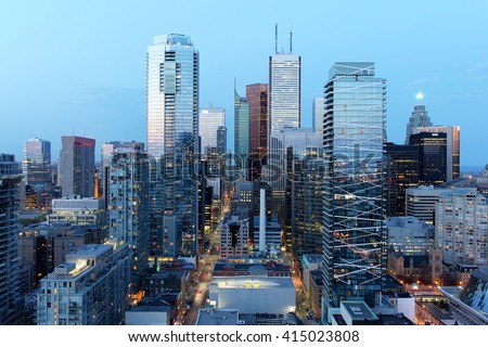 Skyscrapers in downtown Toronto financial district at dusk Royalty-Free Stock Photo #415023808