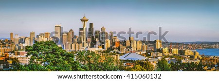 Panoramic view of Seattle skyline in beautiful golden evening light at sunset with retro vintage Instagram style grunge pastel toned filter effect seen from Kerry Park, Seattle, Washington State, USA