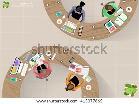 Vector Business Work place top corner brainstorming ideas for a task, leveraging computer Notebook Tablet Mobile files paper diaries, rulers, pencils, glasses and coffee cups flat design Royalty-Free Stock Photo #415077865