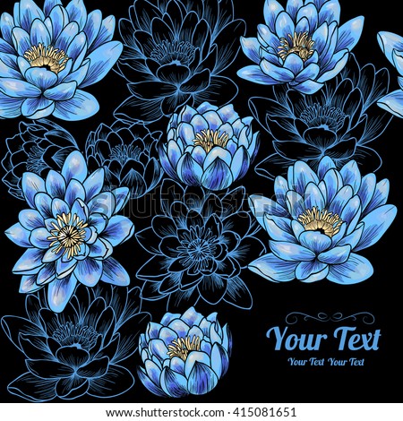 Vector beautiful  blue water lily  flowers frame corner pattern . Invitation or greeting card design.Vector illustration