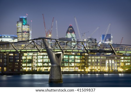 Skyline City of London. City of London one of the leading centres of global finance.this view includes :Tower 42 Gherkin,Willis Building, and Stock Exchange Tower. Millennium Bridge