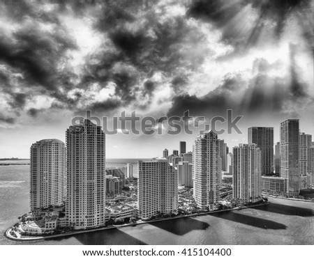 Beautiful black and white aerial view of Downtown Miami.