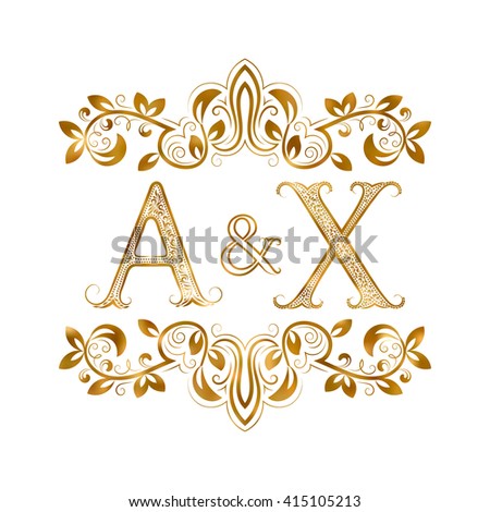 A&X vintage initials logo symbol. Letters A, X, ampersand surrounded floral ornament. Wedding or business partners initials monogram in royal style.