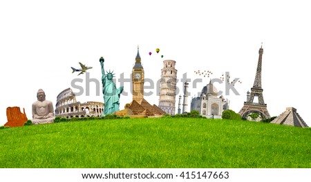 Famous monuments of the world grouped together on green grass on white background