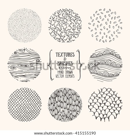 Hand drawn textures and brushes. Artistic collection of design elements: bubbles, brush strokes, wavy lines, abstract backgrounds, natural pattern made with ink. Isolated vector.