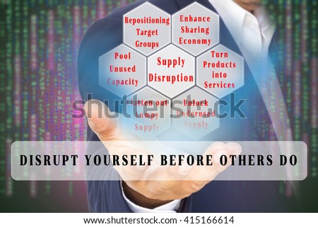 Business Disruption Concept  image. Supply disruption factors on the double exposure of business man and digital code background. with Text banner.