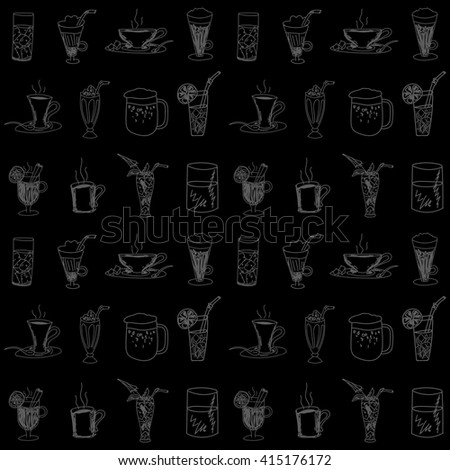 Endless seamless pattern with sketches of drinks in Doodle style - coffee, milkshake,juice, beer and others. Stock vector
