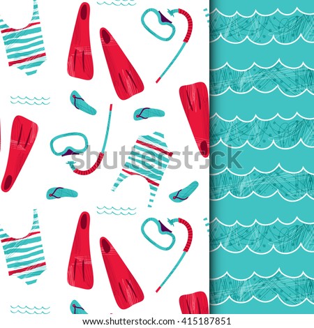 Creative Hand Drawn textures with marine theme design. Set of vector seamless patterns. For gifts, party invitations, scrapbook, T-shirt, cards. Vector illustration. Red and blue