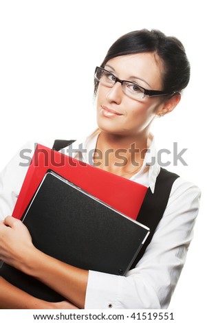 Portrait of smiling busy businesswoman with folder, isolated on white