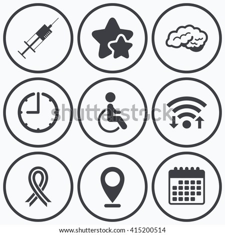 Clock, wifi and stars icons. Medicine icons. Syringe, disabled, brain and ribbon signs. Breast cancer awareness symbol. Handicapped invalid. Calendar symbol.