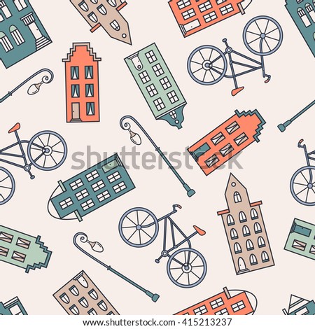 European houses, lights and bikes, hand drawn icons set seamless pattern. Colorful background, urban style. Sketch collection streets of Amsterdam. Decorative wallpaper, good for printing