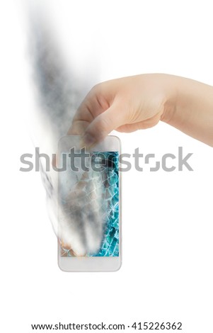 smart phone emits smoke with white background