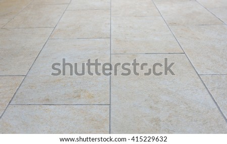 Dirty Outside Terrace Tiles. Image of exterior flooring with grey beige pavement slabs.