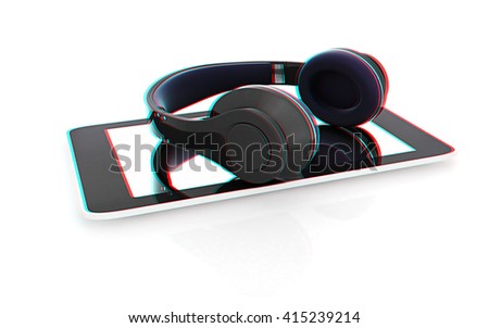 a creative cellphone with headphones isolated on white, portable audio concept . 3D illustration. Anaglyph. View with red/cyan glasses to see in 3D.