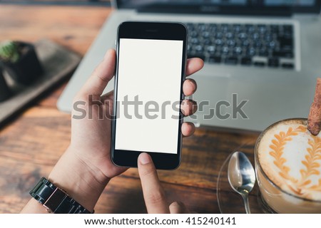  woman using smartphone white screen.  Royalty-Free Stock Photo #415240141
