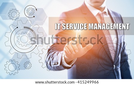 business, technology, information technology, internet and virtual reality concept - businessman pressing it service management button on virtual screens with hexagons and transparent honeycomb