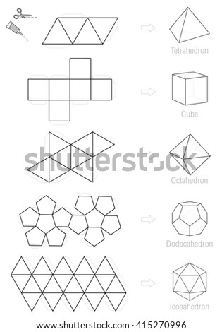 Platonic solids - coloring picture and craft pattern template. Royalty-Free Stock Photo #415270996