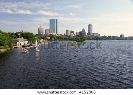 wide angle View of the boston skyline from across the charles river, the water is choppy and there are sailboats in the water