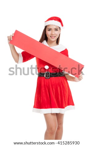 Asian Christmas girl with Santa Claus clothes with blank sign  isolated on white background