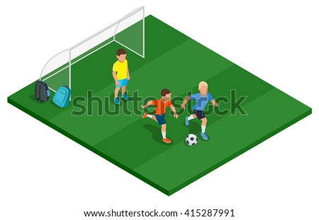 Children playing soccer outdoors. Flat 3d vector isometric illustration.