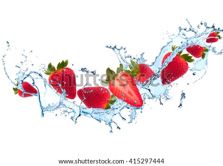 Water splash with fruits isolated on white background. Fresh strawberry
