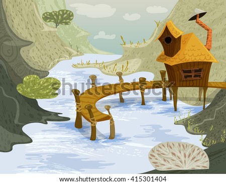 House on the river. Summer landscape. Vintage vector illustration in cartoon style
