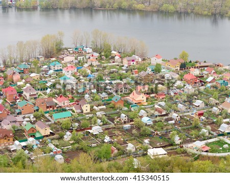 River Flood Aerial View  Homes and Park. Aerial view of the residential area of the suburb  