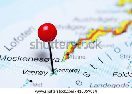 Sorvaeroy pinned on a map of Lofoten Islands, Norway
