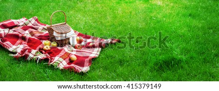 Checkered Plaid Picnic Apples Basket Fruit Green Grass Summer Time Rest Background Design Web Concept Long Format Royalty-Free Stock Photo #415379149