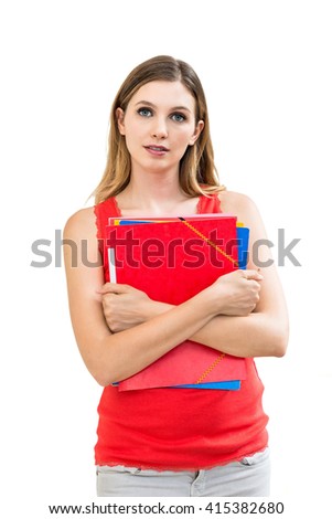 Beautiful woman with a folder on a white background