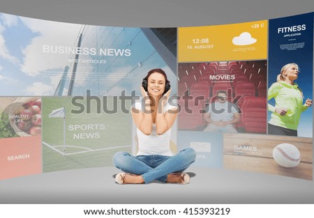 technology, music and happiness concept - smiling young woman or teen girl in headphones over virtual screens and web applications background