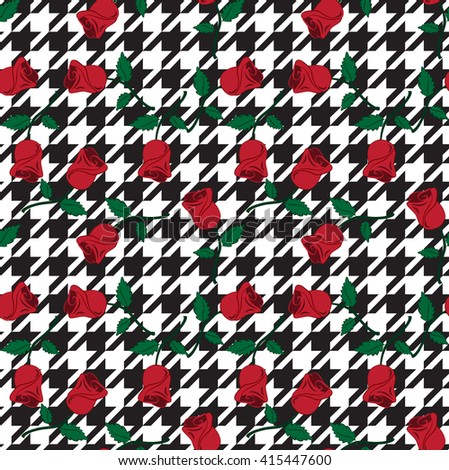 Seamless houndstooth pattern background with roses