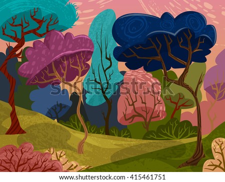 Beautiful trees in magical forest. Cartoon colorful summer landscape. Vector illustration