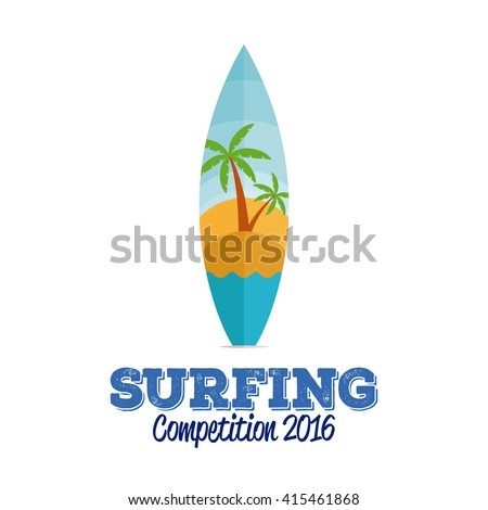 Isolated surfboard with a sketch of a palm tree on a white background with text