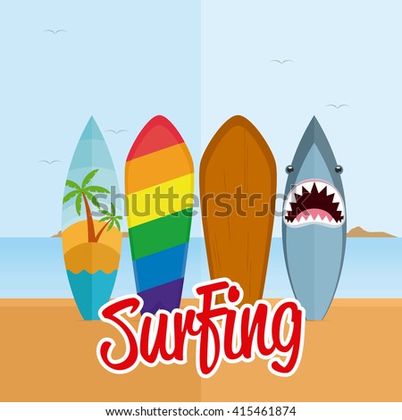 Set of surfboards with different designs on the beach
