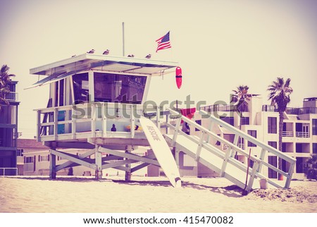 Retro toned picture of a lifeguard tower, Venice Beach, USA.