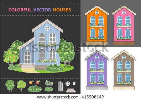 Colorful houses set. Fruit garden.