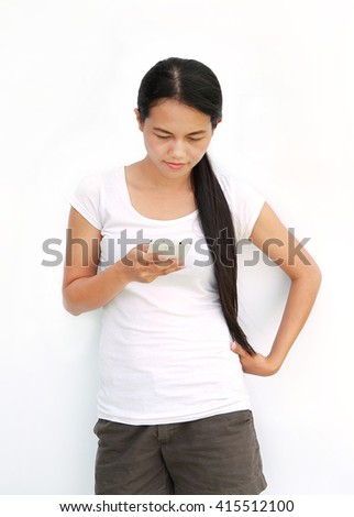 Asian woman t-shirt  use of mobile phone isolated white background