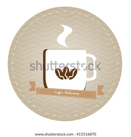 Isolated banner with a ribbon with text, a coffee mug and beans on a white background