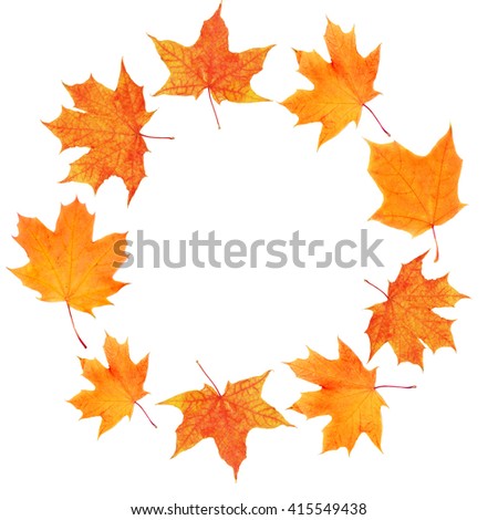 Autumn maple leaves shaped as round frame isolated on white
